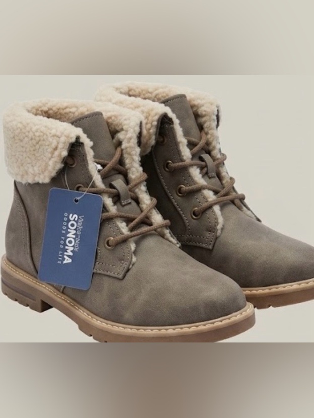 Sonoma Taupe Lace-Up Faux-Sherpa Ankle Boots